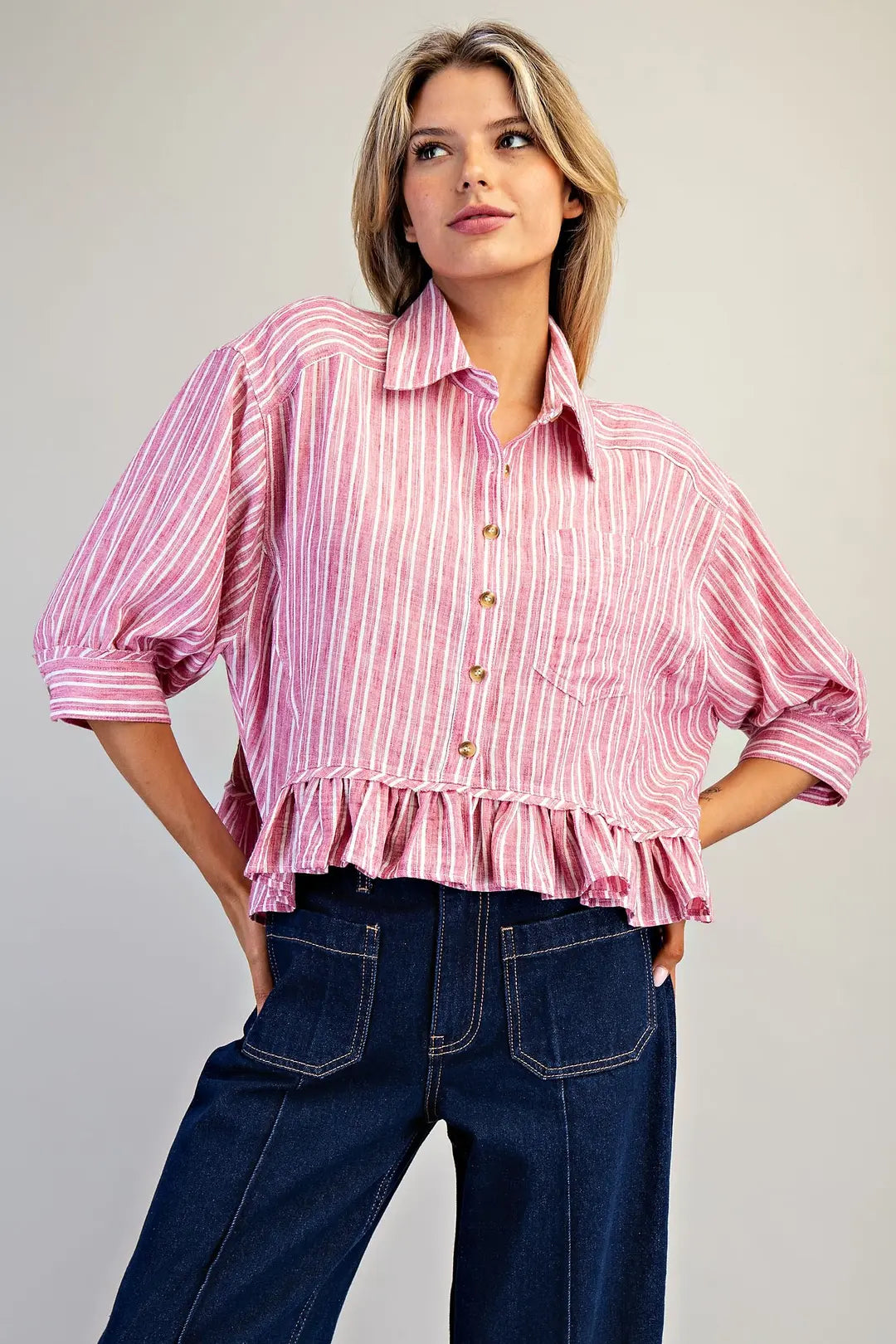 STRIPED BUTTON DOWN RUFFLED HIGH LOW HEM TOP--RASPBERRY