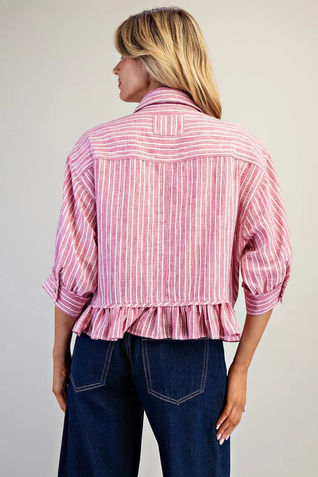 STRIPED BUTTON DOWN RUFFLED HIGH LOW HEM TOP--RASPBERRY