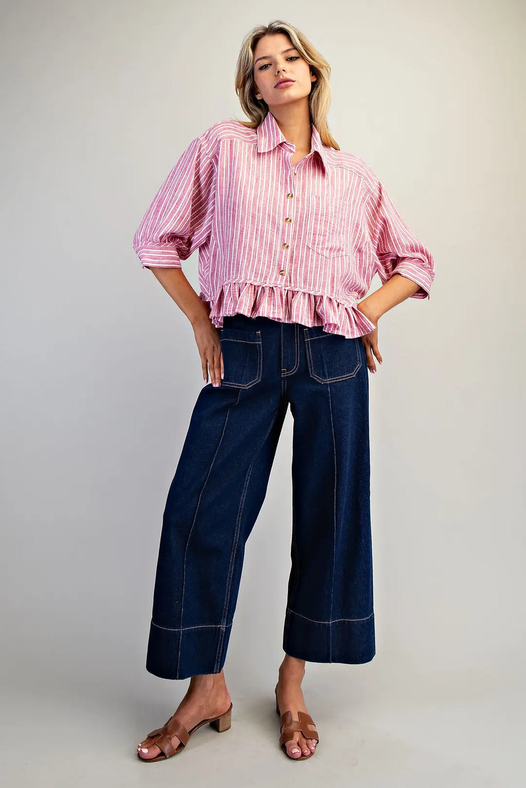 STRIPED BUTTON DOWN RUFFLED HIGH LOW HEM TOP--RASPBERRY
