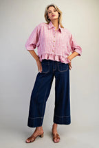STRIPED BUTTON DOWN RUFFLED HIGH LOW HEM TOP--RASPBERRY