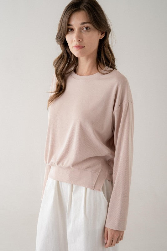 ASYMMETRIC HEM LIGHTWEIGHT SWEATSHIRT--DUSTY MAUVE