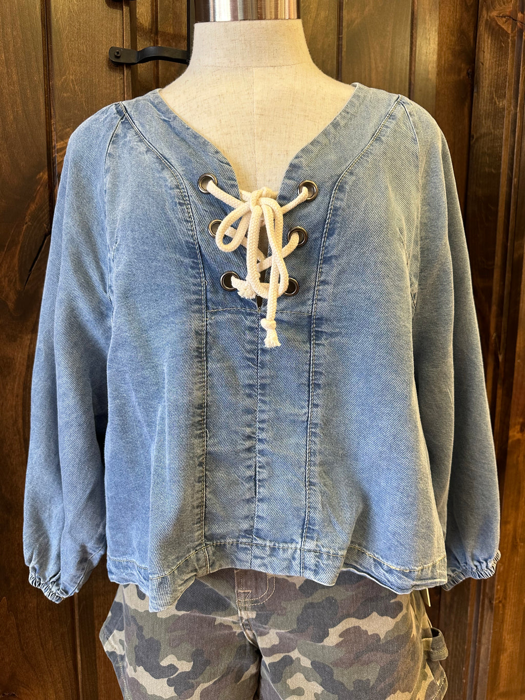 WASHED TENCEL DENIM LACE UP TOP