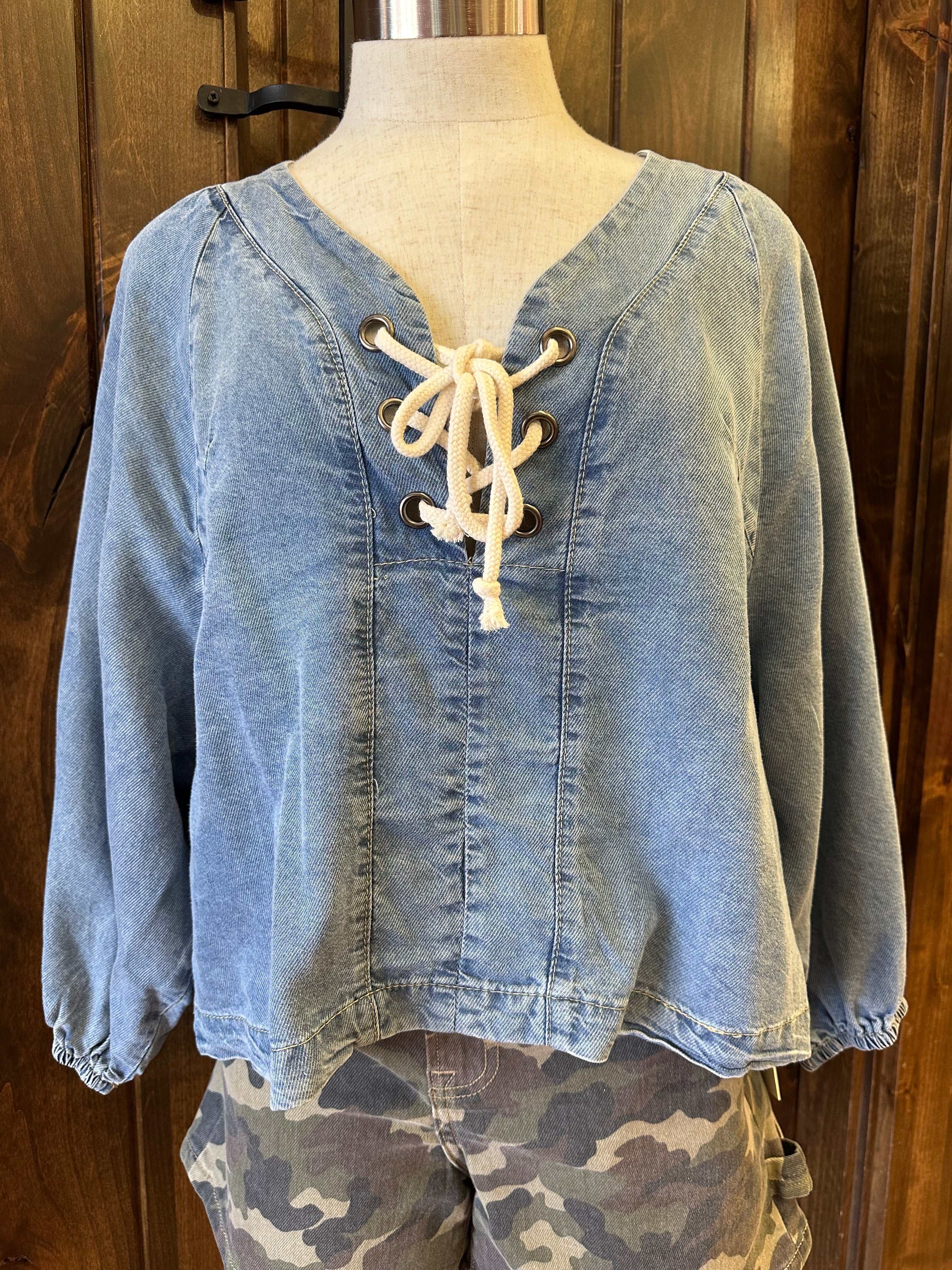 WASHED TENCEL DENIM LACE UP TOP