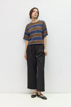 LIGHTWEIGHT SHORT SLEEVE SWEATER--BROWN/NAVY