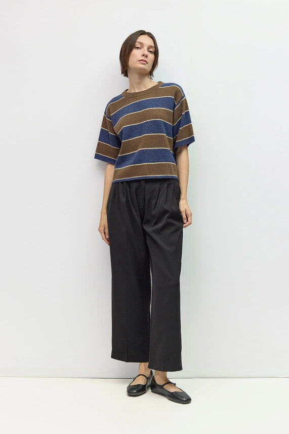 LIGHTWEIGHT SHORT SLEEVE SWEATER--BROWN/NAVY