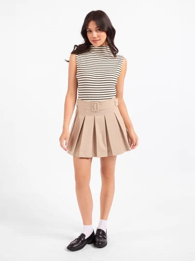 BRIOCHE MOCK NECK KNIT TANK--CREAM/BLACK