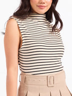 BRIOCHE MOCK NECK KNIT TANK--CREAM/BLACK