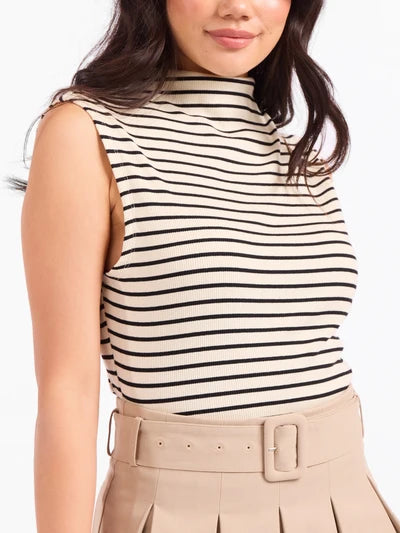BRIOCHE MOCK NECK KNIT TANK--CREAM/BLACK