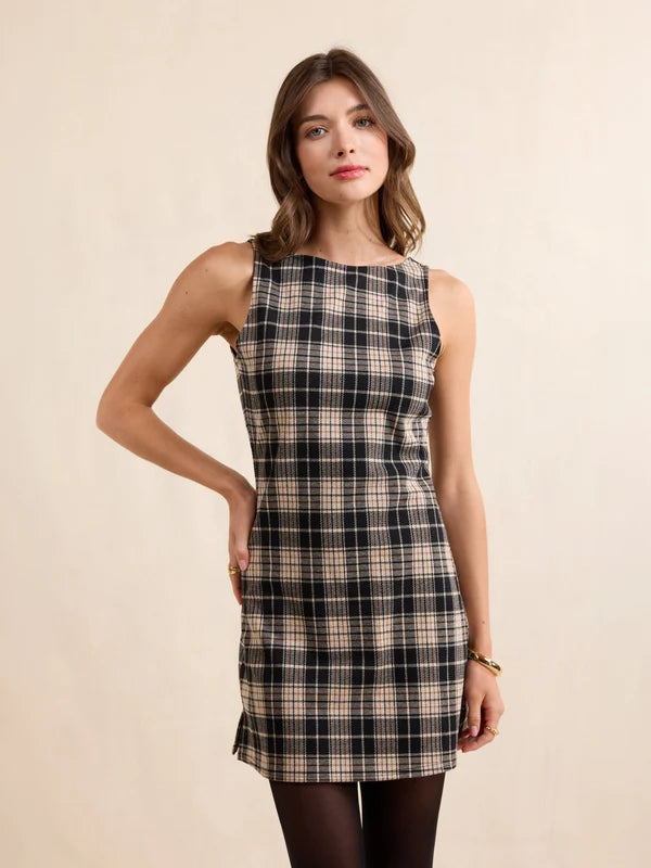SERVED UP STRETCH PLAID MINI DRESS