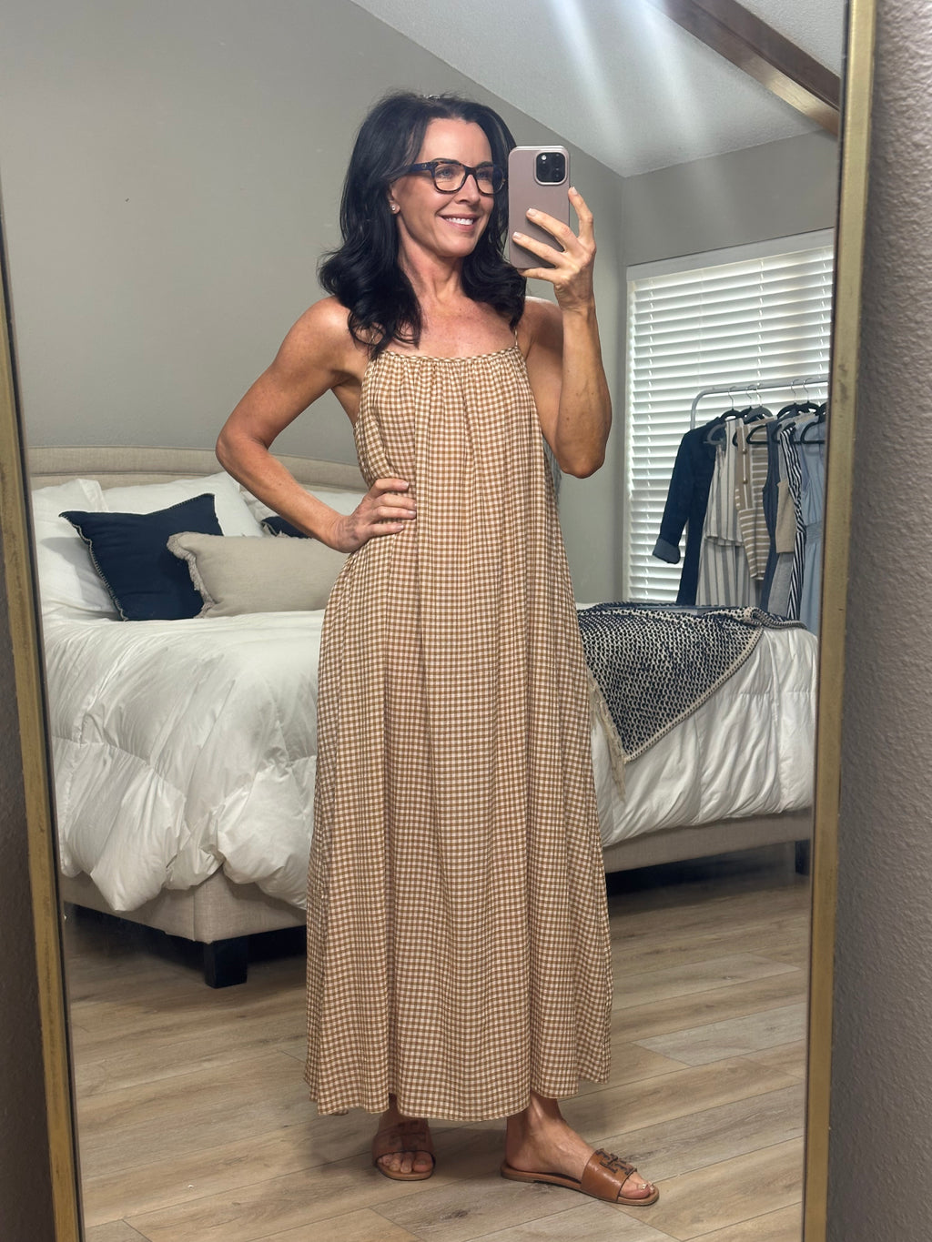 GINGHAM VISCOSE SPAGHETTI STRAP DRESS--MUSTARD