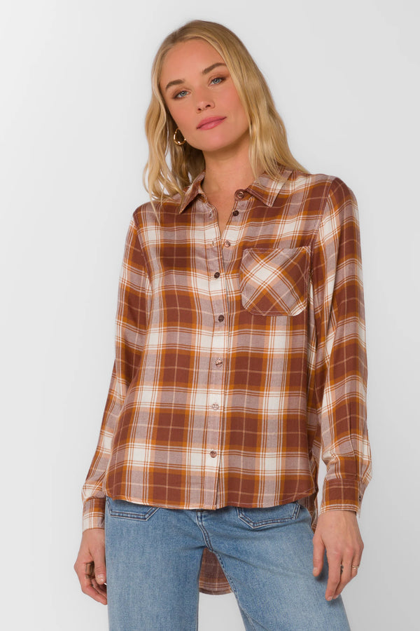 VELVET HEART GROUND CLOVES PLAID TOP--BROWN