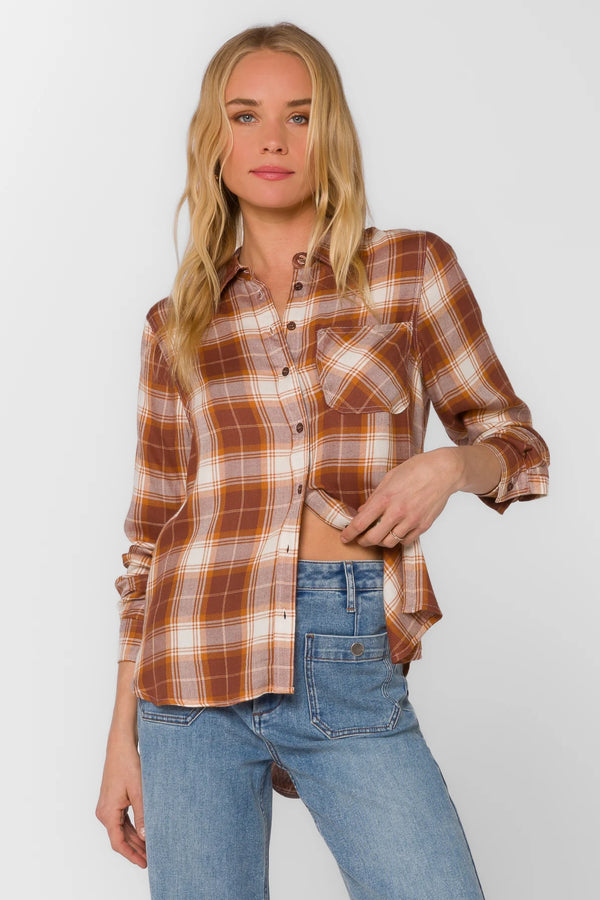 VELVET HEART GROUND CLOVES PLAID TOP--BROWN
