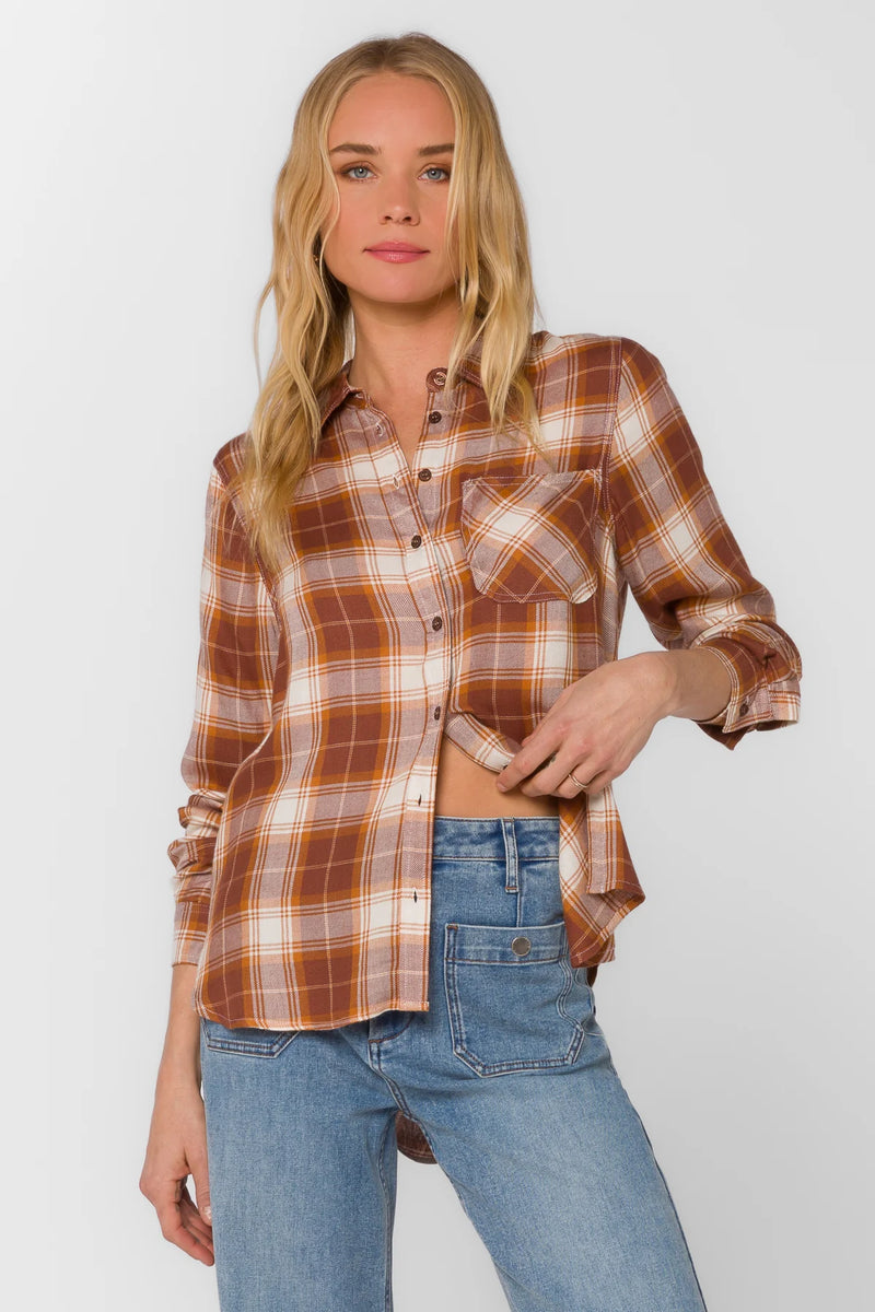 VELVET HEART GROUND CLOVES PLAID TOP--BROWN