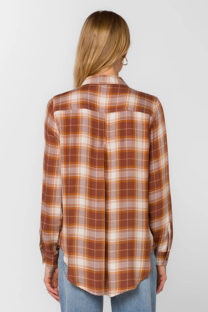 VELVET HEART GROUND CLOVES PLAID TOP--BROWN