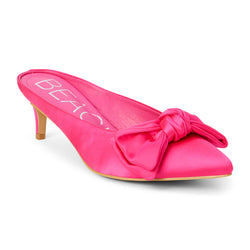 BOW KITTEN HEEL SLIP ON MULE--HOT PINK