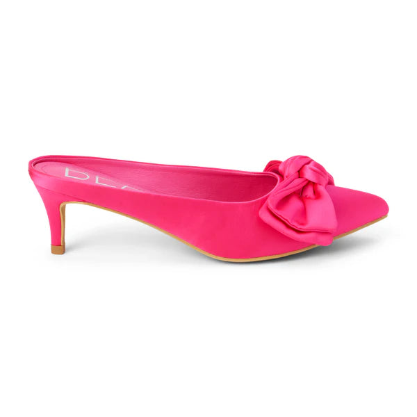 BOW KITTEN HEEL SLIP ON MULE--HOT PINK