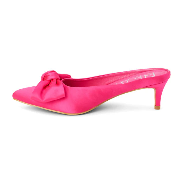 BOW KITTEN HEEL SLIP ON MULE--HOT PINK