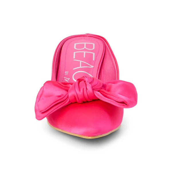 BOW KITTEN HEEL SLIP ON MULE--HOT PINK