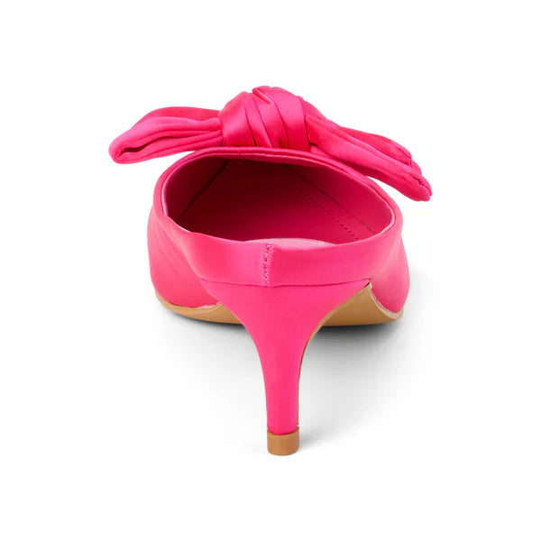 BOW KITTEN HEEL SLIP ON MULE--HOT PINK