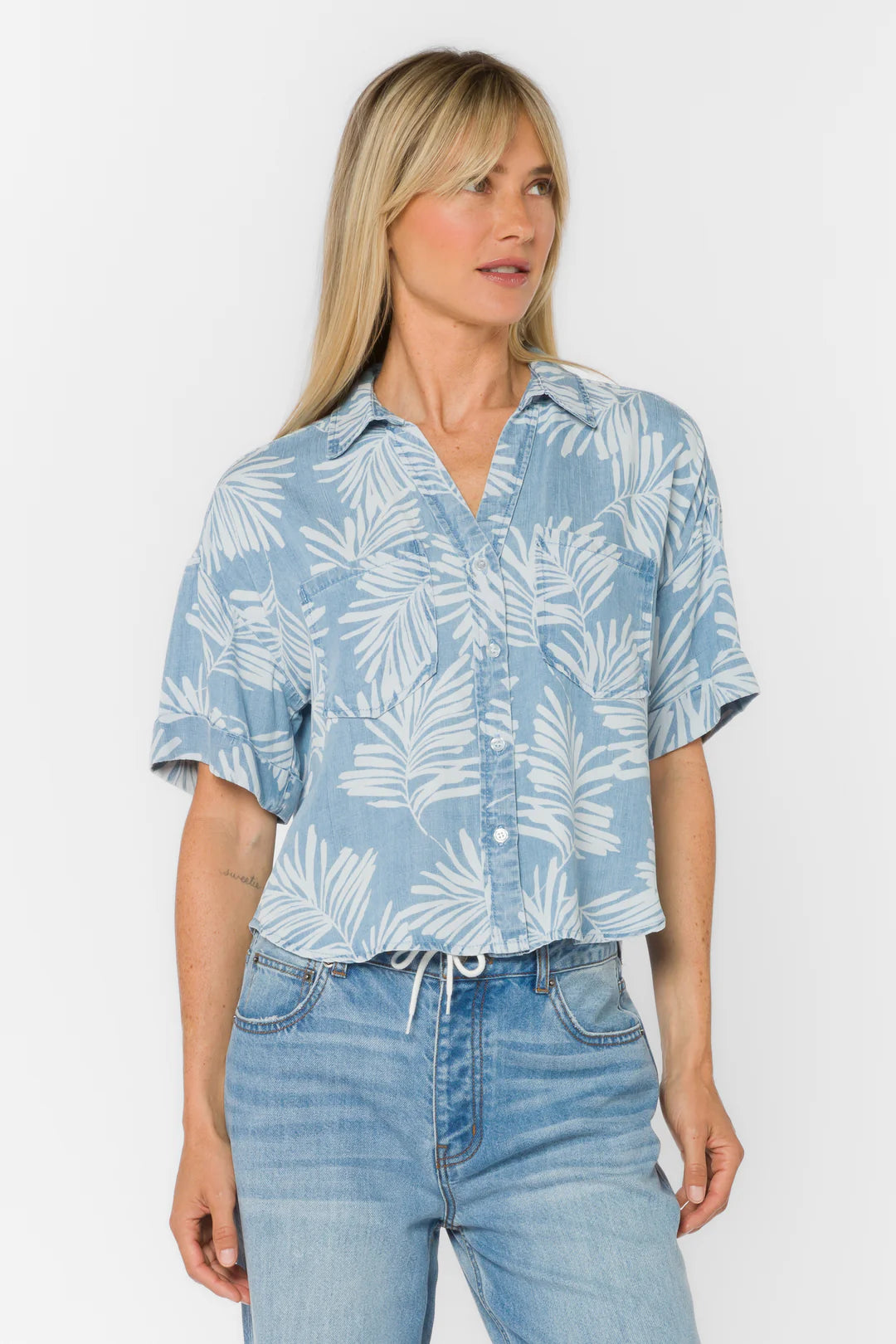 VELVET HEART BRANDON PALM LEAF SHIRT--BLUE MIX