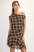 PLAID OFF SHOULDER DRESS--BROWN