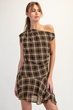 PLAID OFF SHOULDER DRESS--BROWN