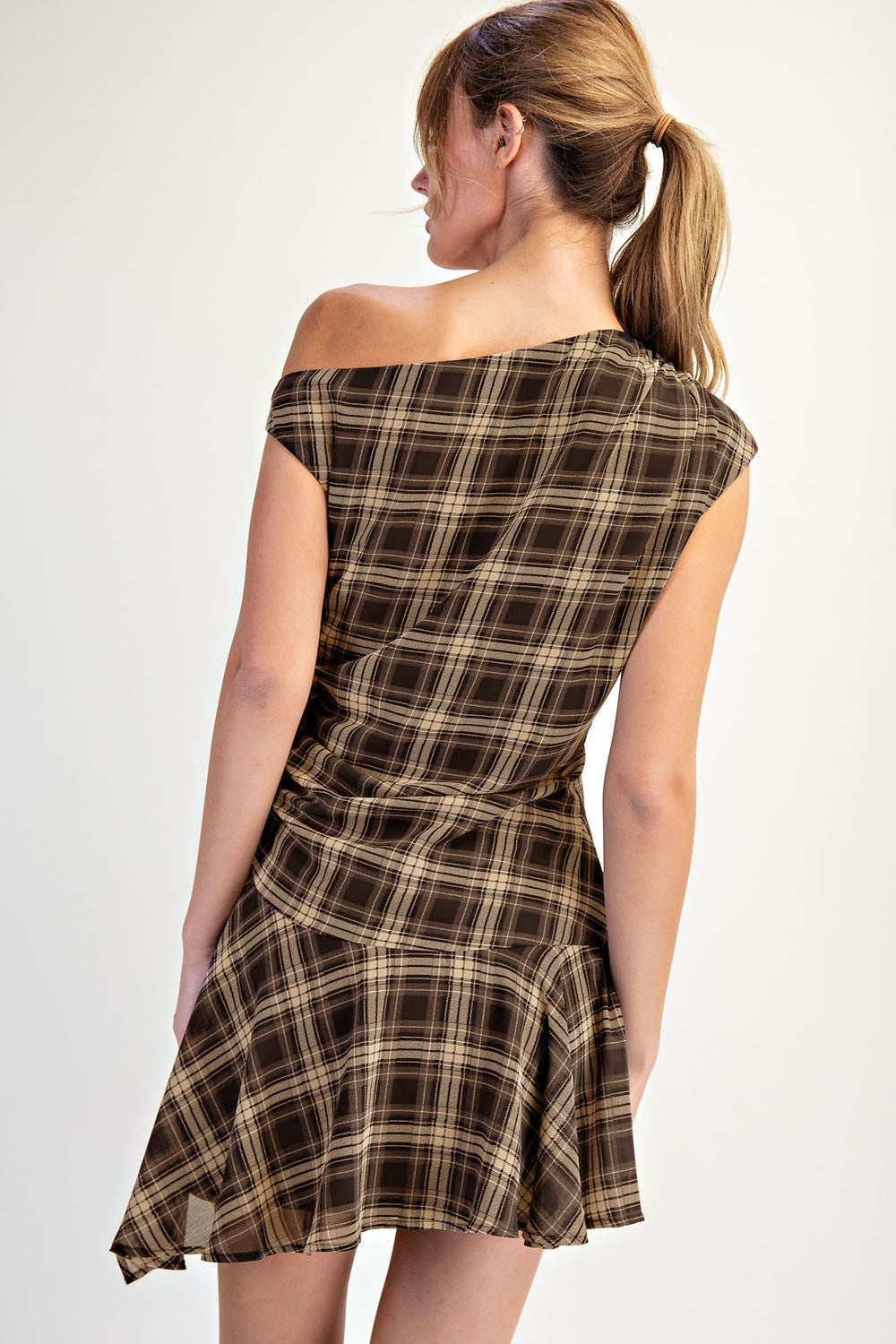 PLAID OFF SHOULDER DRESS--BROWN