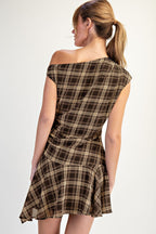 PLAID OFF SHOULDER DRESS--BROWN