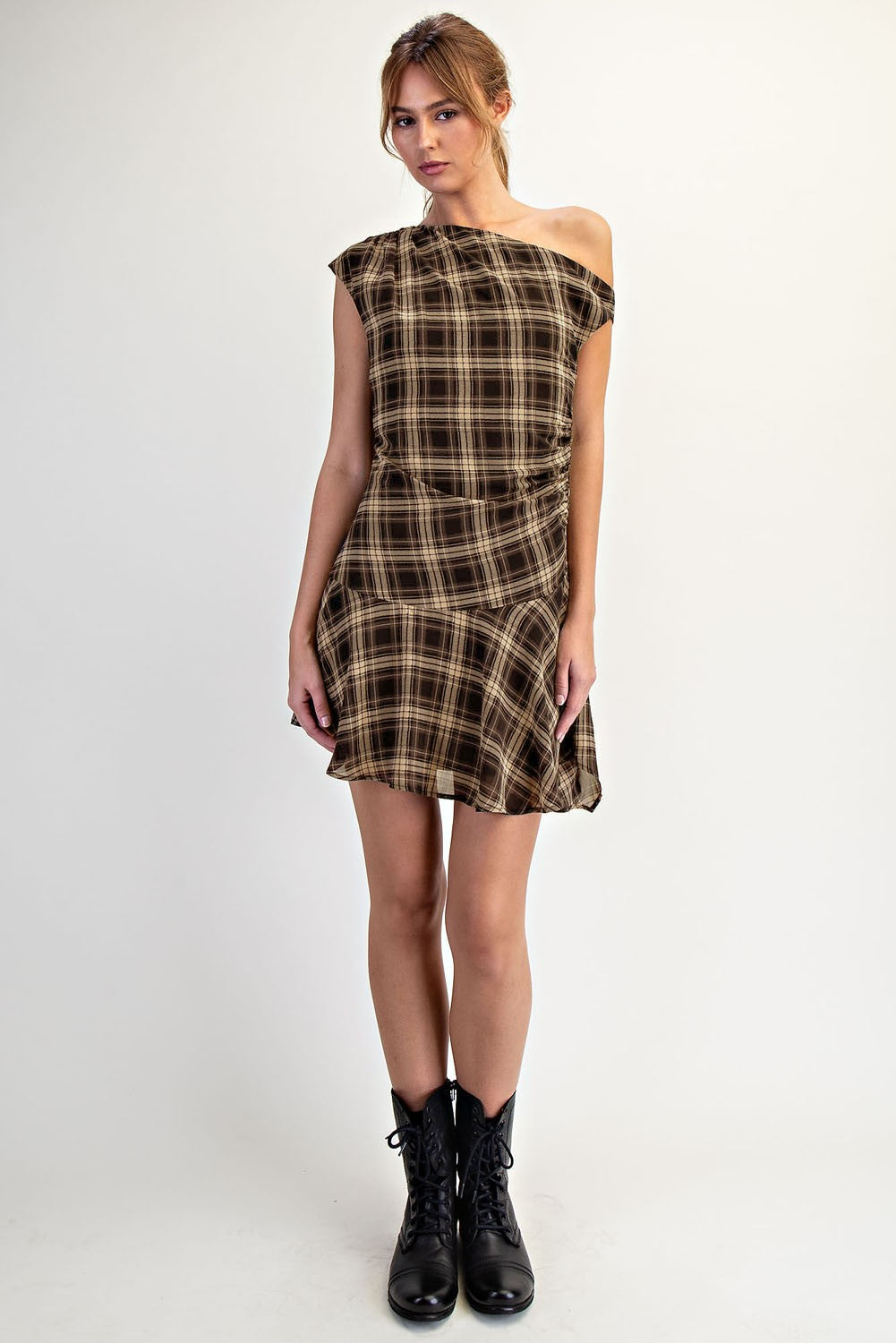 PLAID OFF SHOULDER DRESS--BROWN