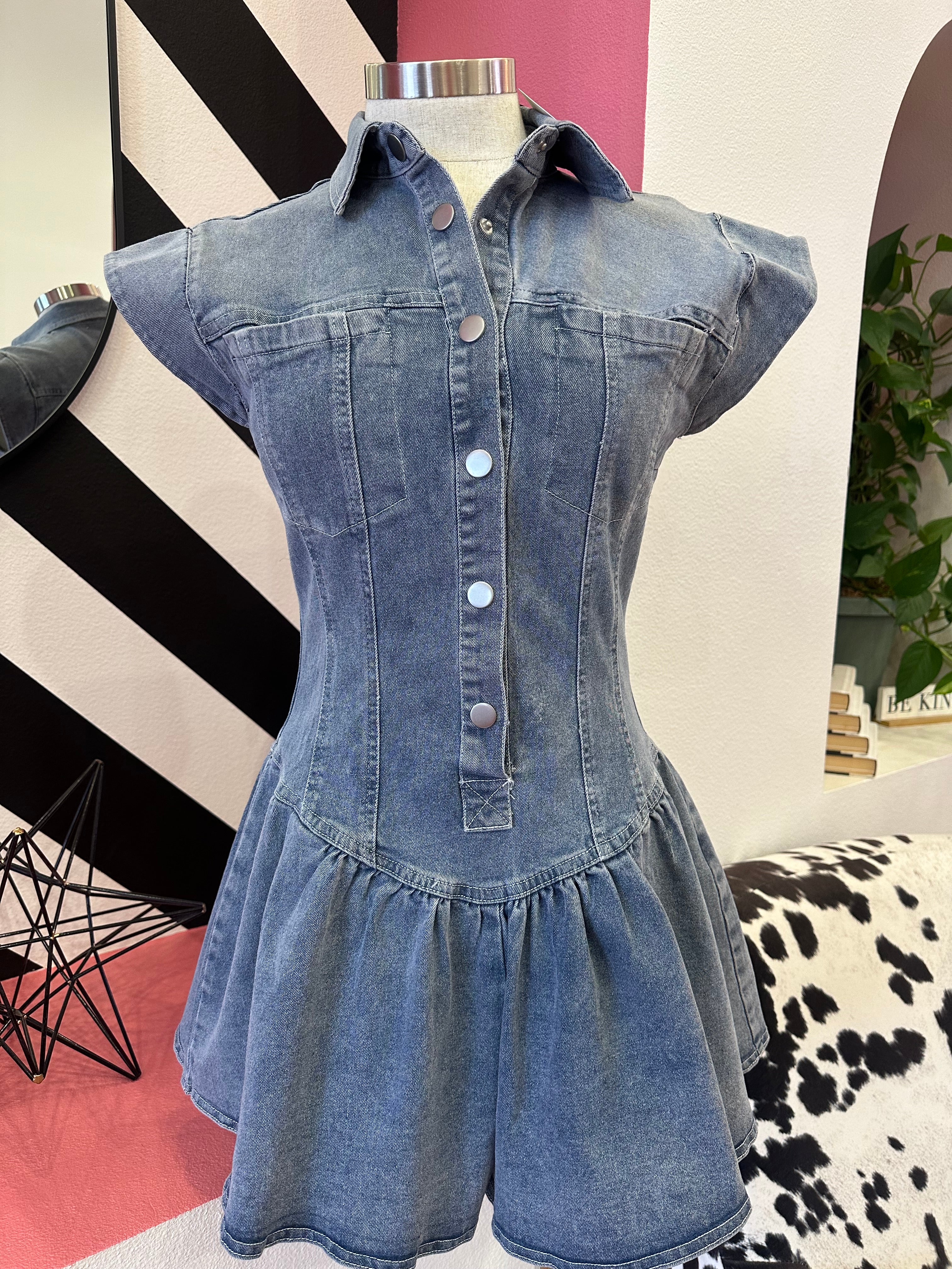 DENIM SNAP FRONT SKIRT STYLE ROMPER