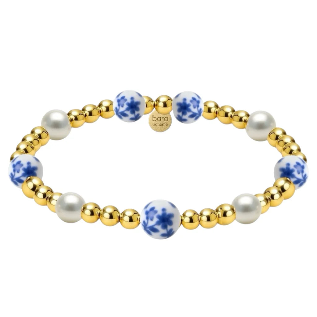 CHERRY BLOSSOM GOLD FILLED BEADED BRACELET WITH PORCELAIN--BLUE