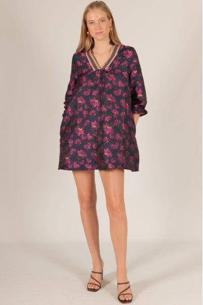 LOOK DON'T TOUCH JACUQARD DRESS--NAVY/FUSCHIA