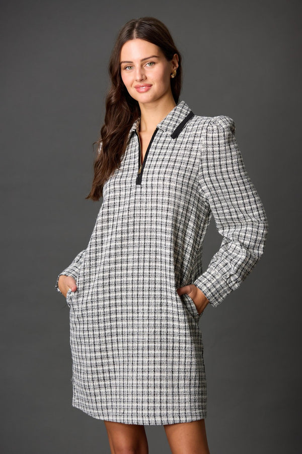 BOUCLE QUARTER ZIP SHIFT DRESS--IVORY/BLACK