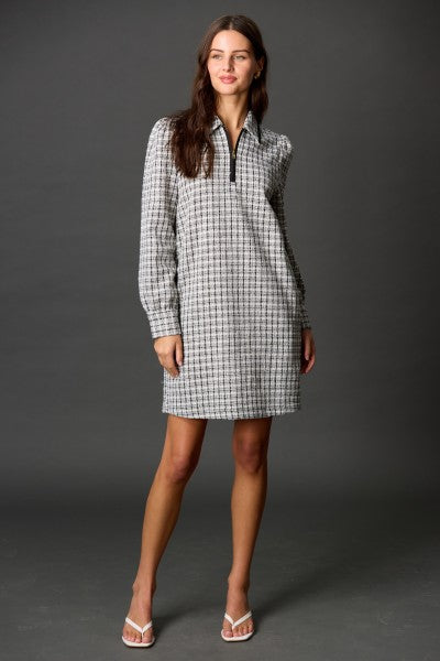 BOUCLE QUARTER ZIP SHIFT DRESS--IVORY/BLACK