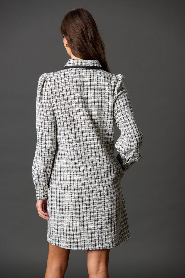 BOUCLE QUARTER ZIP SHIFT DRESS--IVORY/BLACK