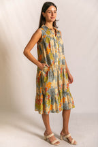 FLORAL POPLIN SLEEVELESS MIDI DRESS--SLATE/ORANGE
