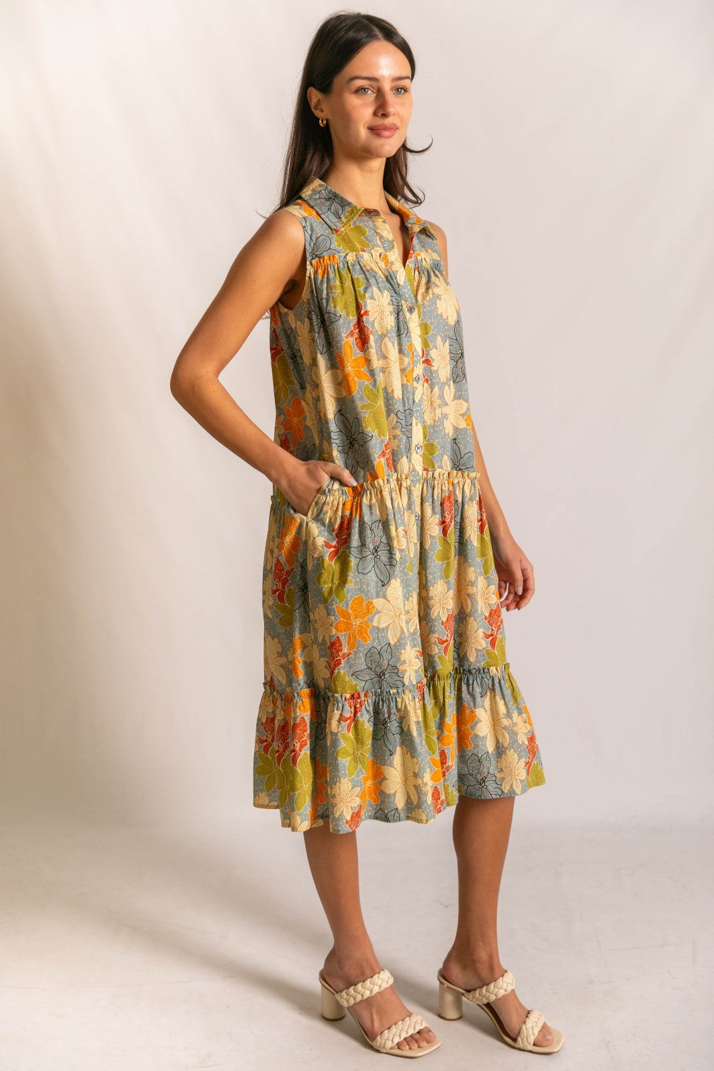 FLORAL POPLIN SLEEVELESS MIDI DRESS--SLATE/ORANGE