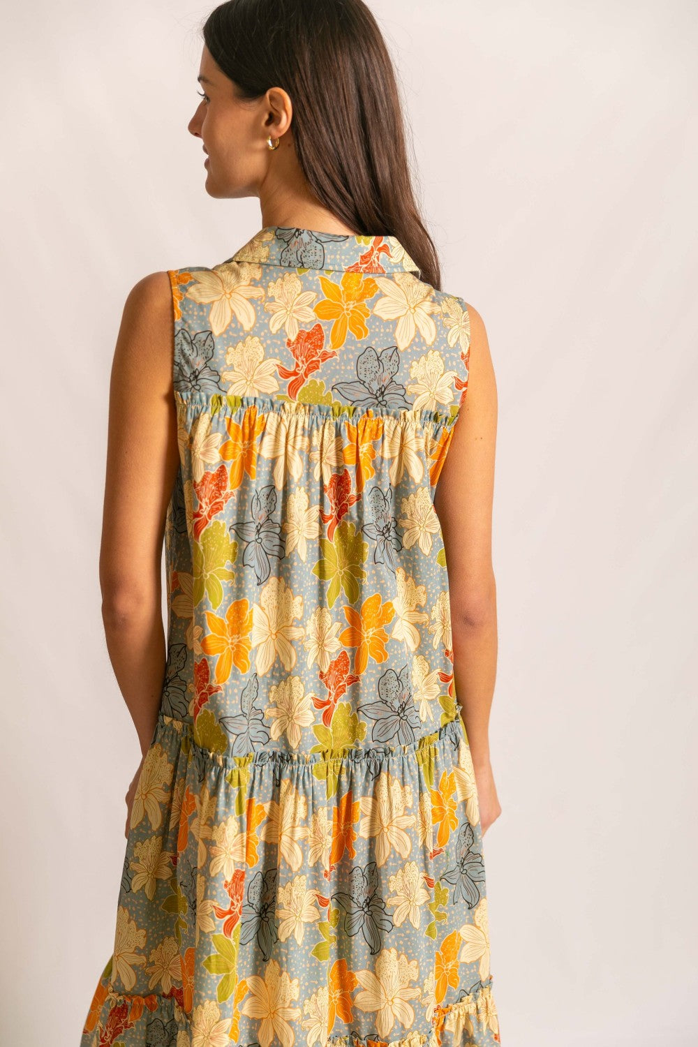 FLORAL POPLIN SLEEVELESS MIDI DRESS--SLATE/ORANGE