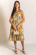 FLORAL POPLIN SLEEVELESS MIDI DRESS--SLATE/ORANGE