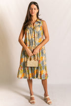 FLORAL POPLIN SLEEVELESS MIDI DRESS--SLATE/ORANGE