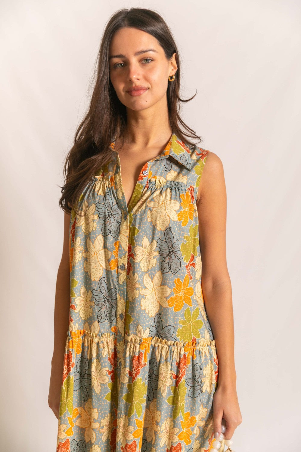 FLORAL POPLIN SLEEVELESS MIDI DRESS--SLATE/ORANGE