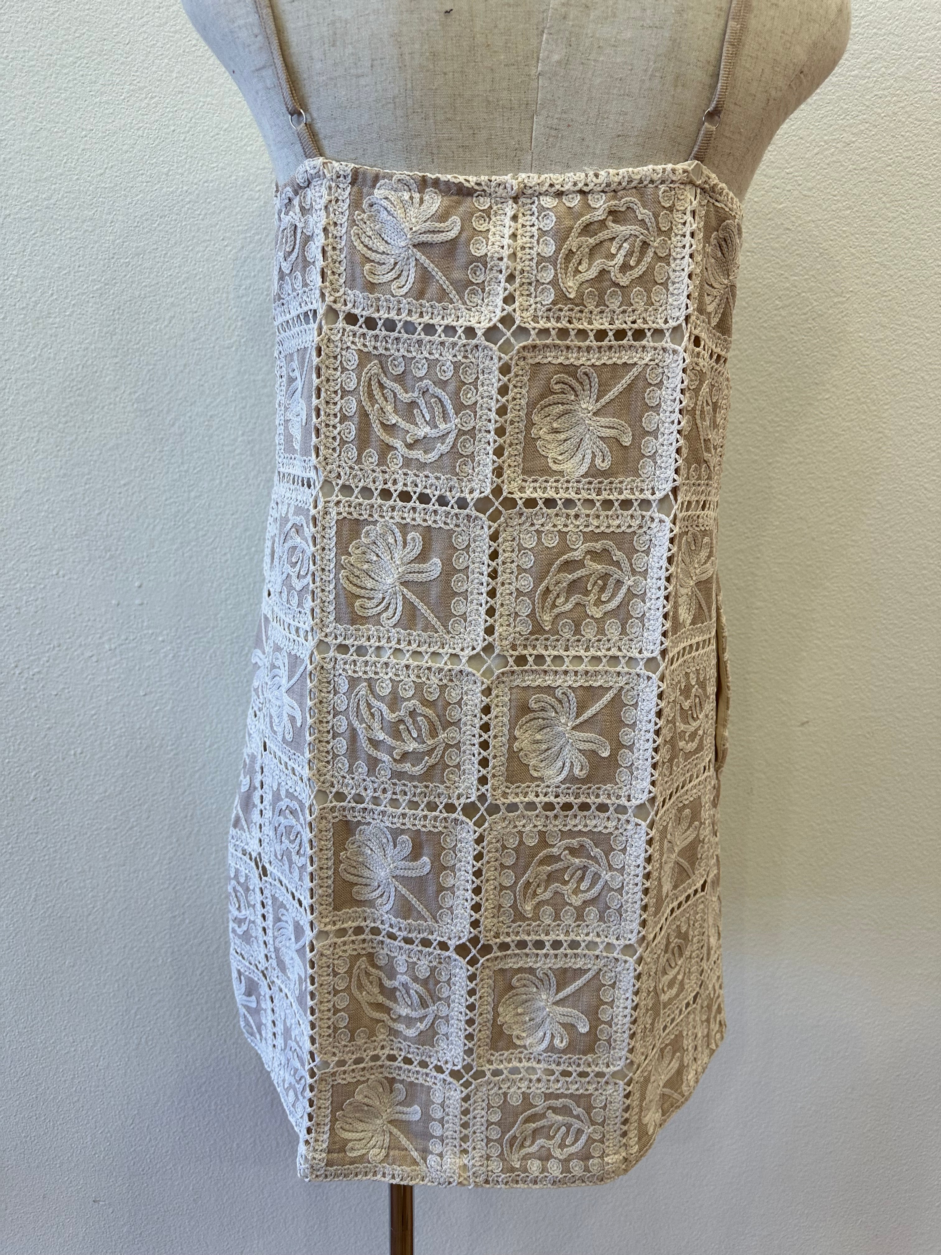 CONTRAST CROCHET MINI DRESS--TAN/CREAM