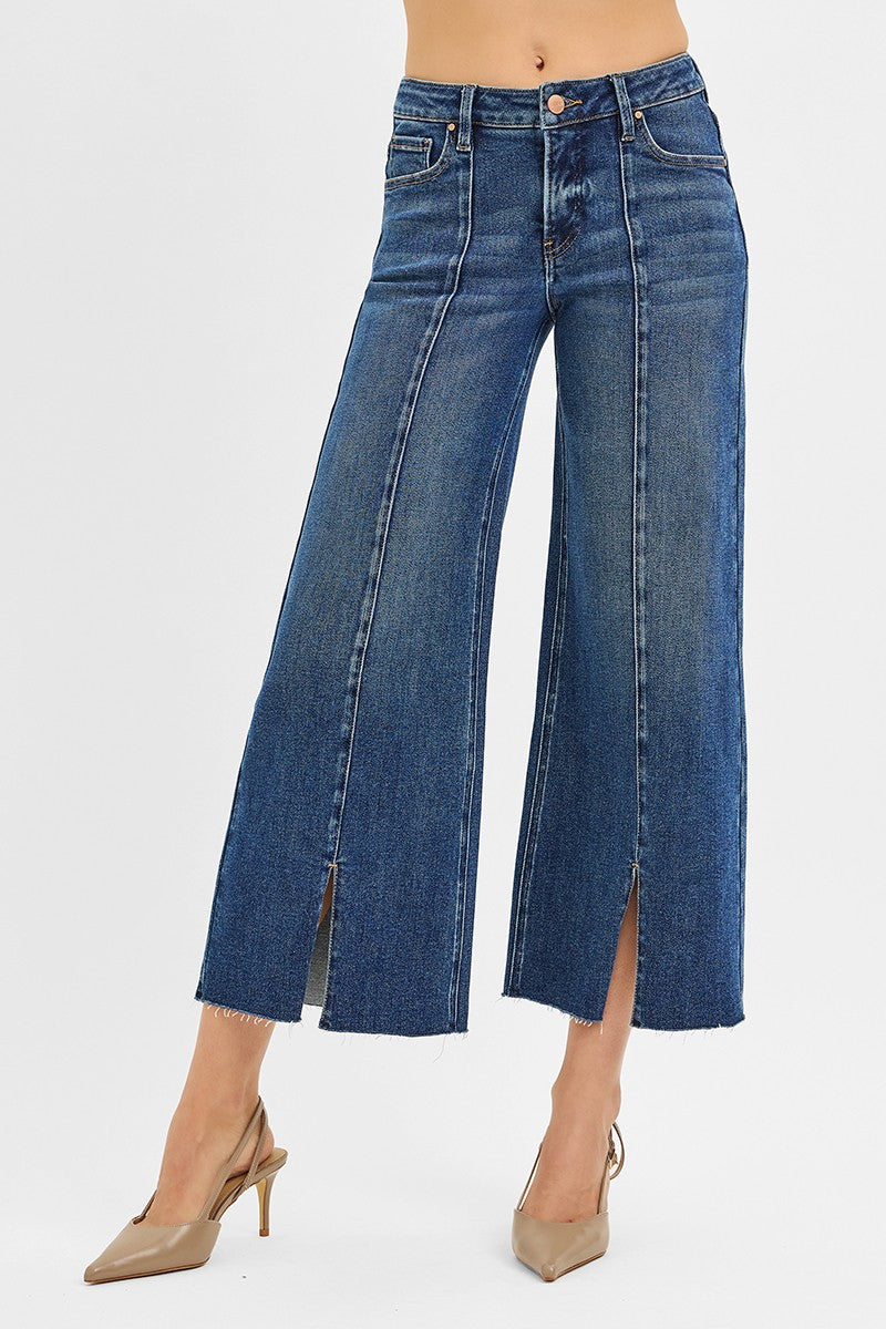 RISEN MID RISE CROP WIDE LEG JEAN--DARK BLUE