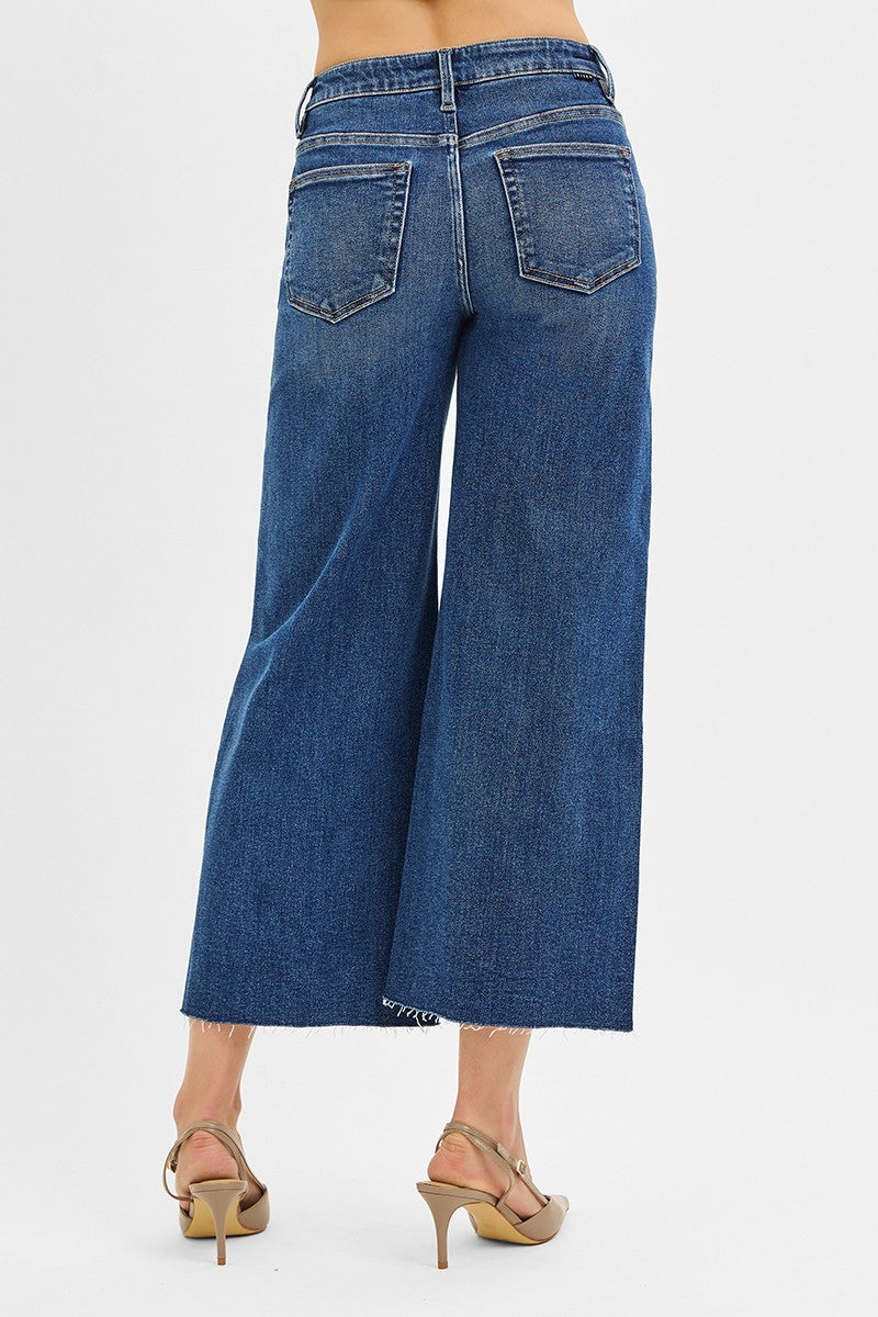 RISEN MID RISE CROP WIDE LEG JEAN--DARK BLUE