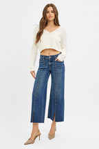 RISEN MID RISE CROP WIDE LEG JEAN--DARK BLUE