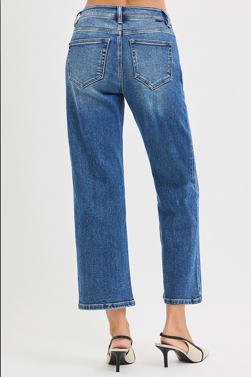 RISEN HR CROP STRAIGHT JEANS--DARK WASH