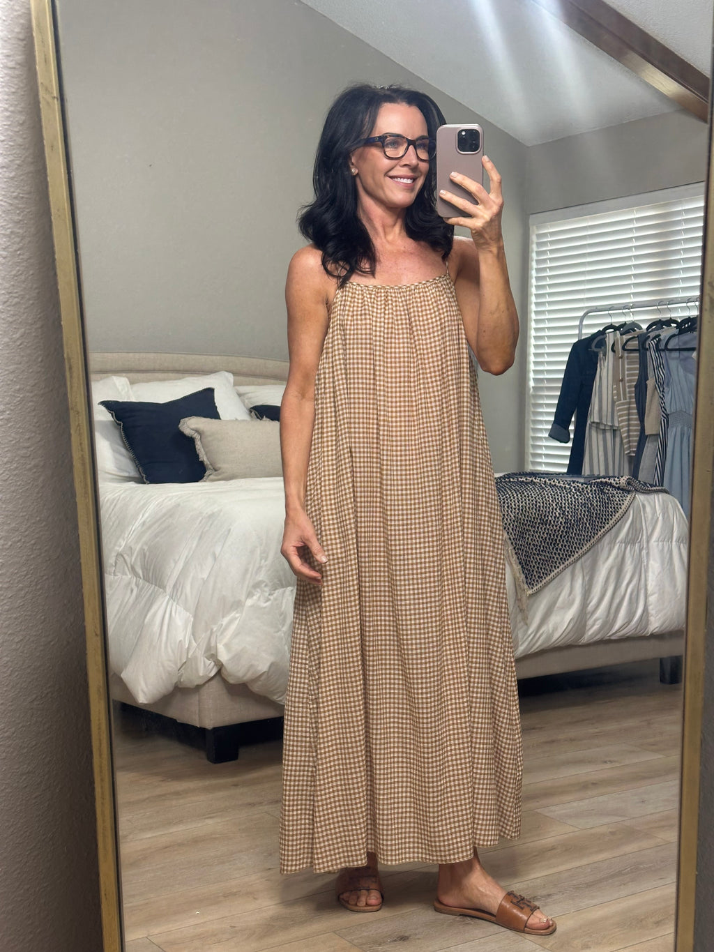 GINGHAM VISCOSE SPAGHETTI STRAP DRESS--MUSTARD