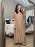 GINGHAM VISCOSE SPAGHETTI STRAP DRESS--MUSTARD