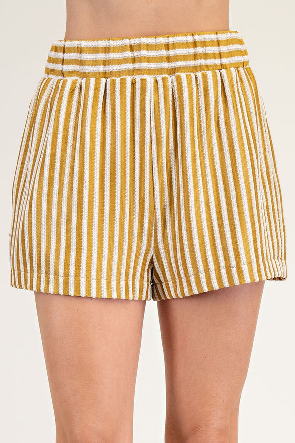 STRIPED ELASTIC WAISTBAND SHORTS--MUSTARD