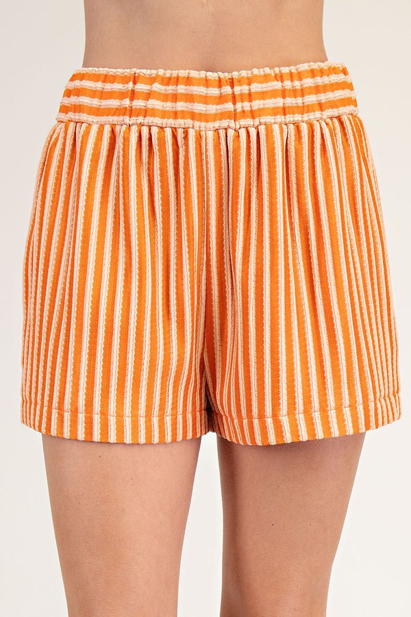 STRIPED ELASTIC WAISTBAND SHORTS--ORANGE